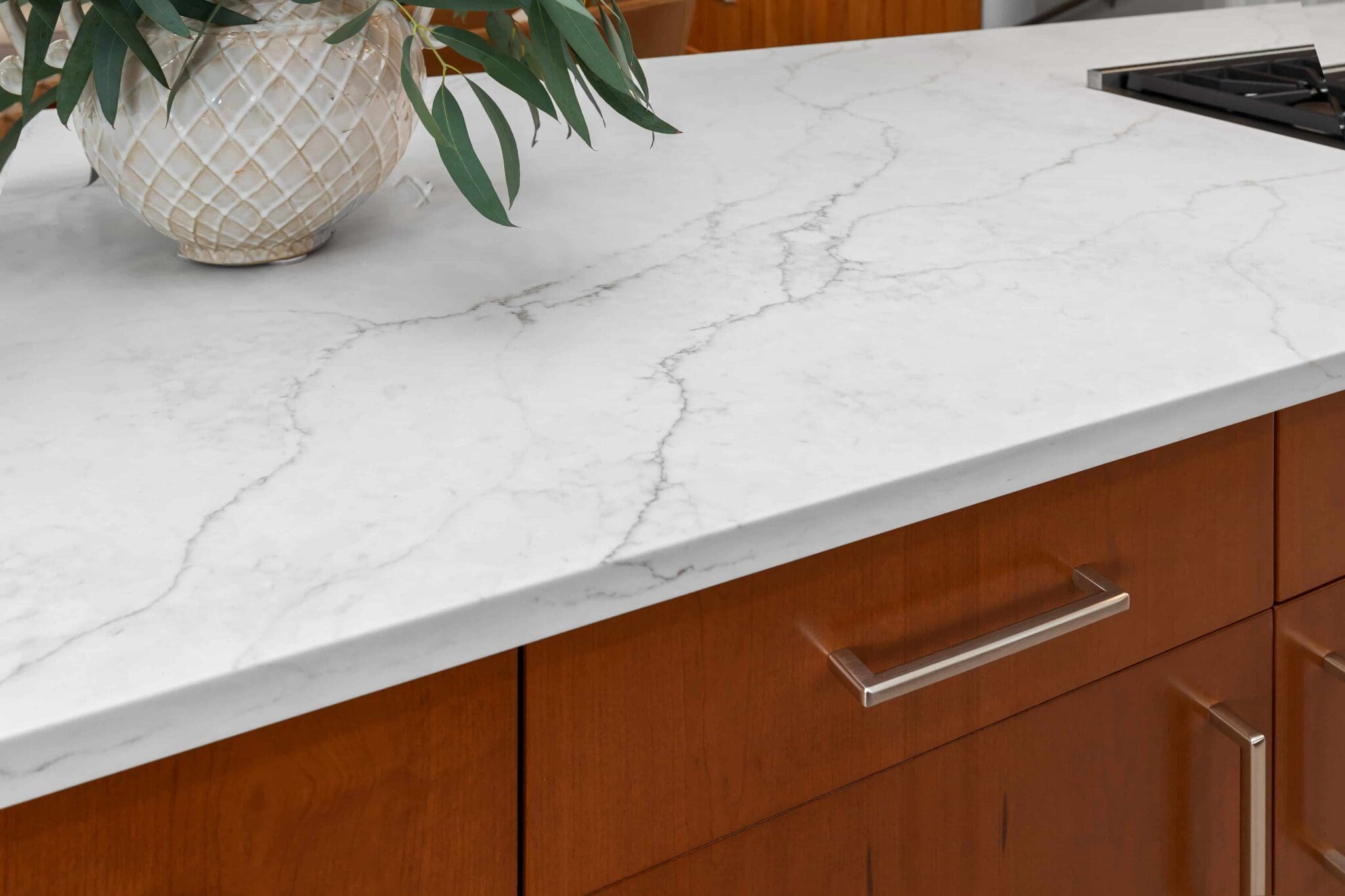 11114-34th-Pl-SW-Seattle-WA_0015-scaled A close-up of a white marble kitchen countertop with subtle gray veining, brown cabinets reminiscent of a Black Walnut Kitchen below, and a partial view of a potted plant on the counter.